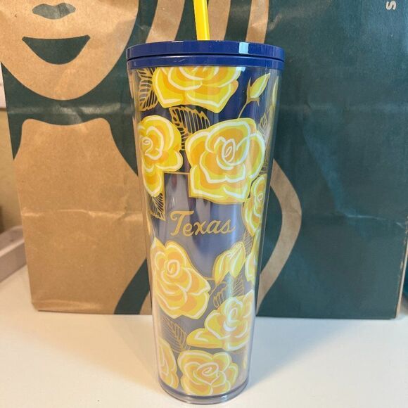 Starbucks 2022 Texas Venti Tumbler Holiday Yellow Blue Floral 24 oz/710 ml NWT - Picture 1 of 4
